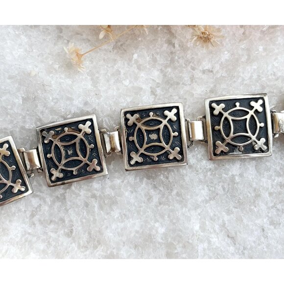 Geometric Square Shaped Celtic Inspired Paneled Sterling Silver Vintage Bracelet - Picture 1 of 10